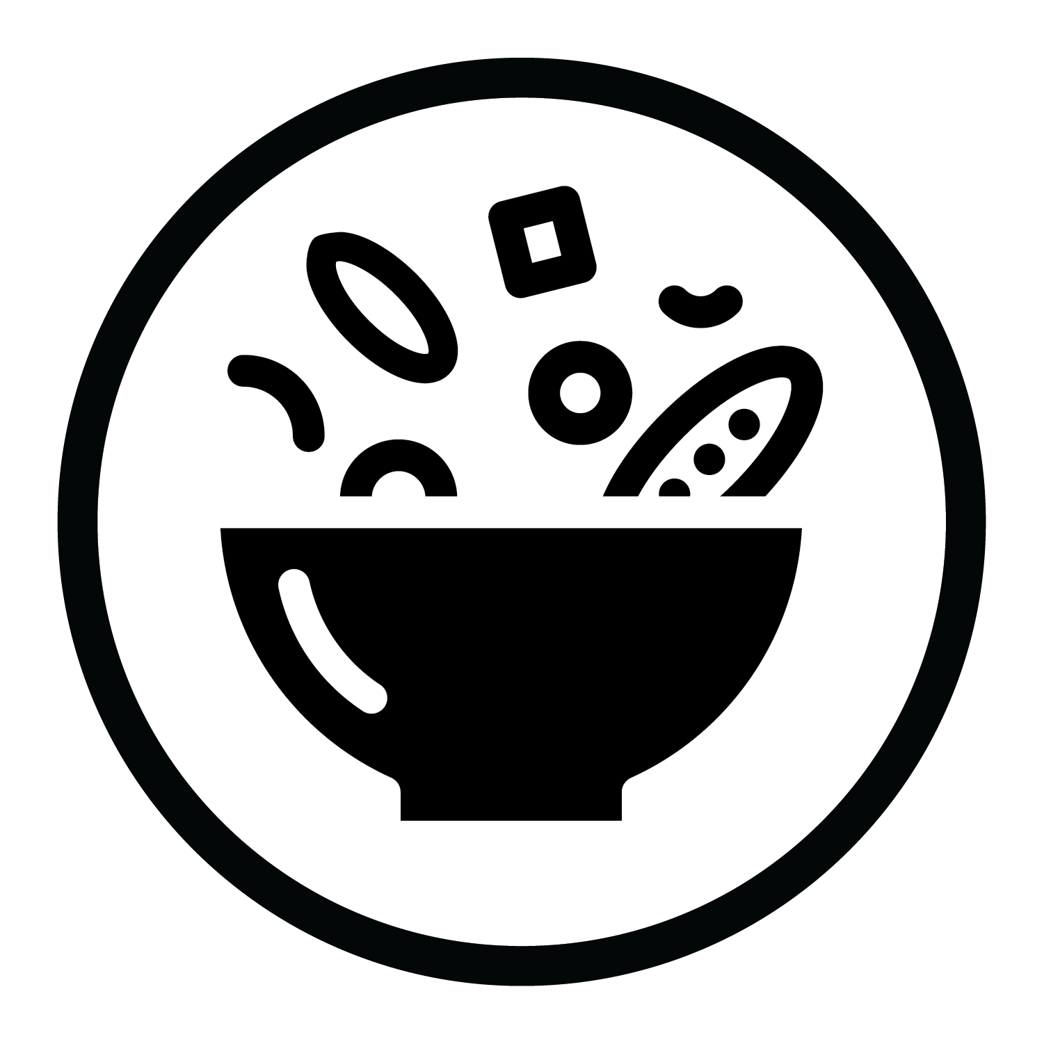 A black icon of a bowl with food items floating above it, enclosed in a circular border on a white background.