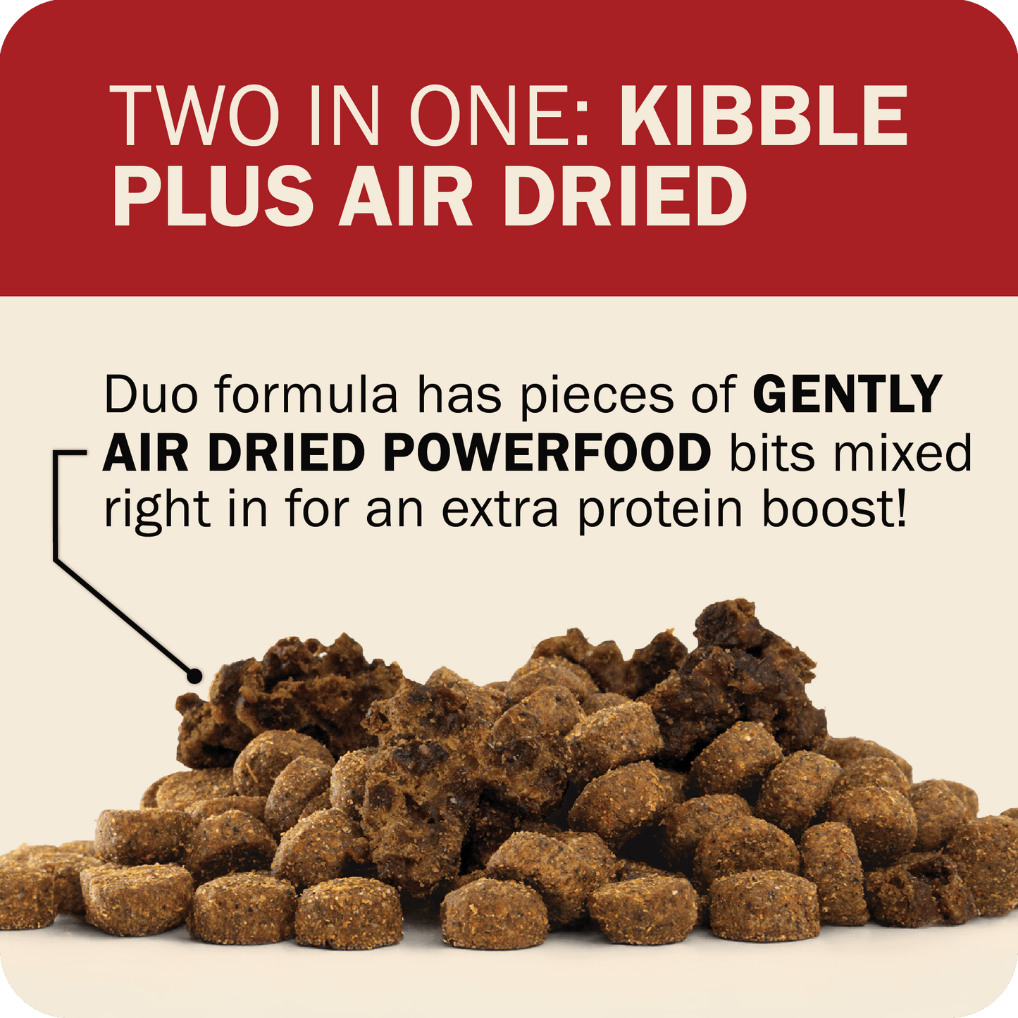 Duo formula has pieces of GENTLY AIR DRIED POWERFOOD bits mixed right in for an extra protein boost!