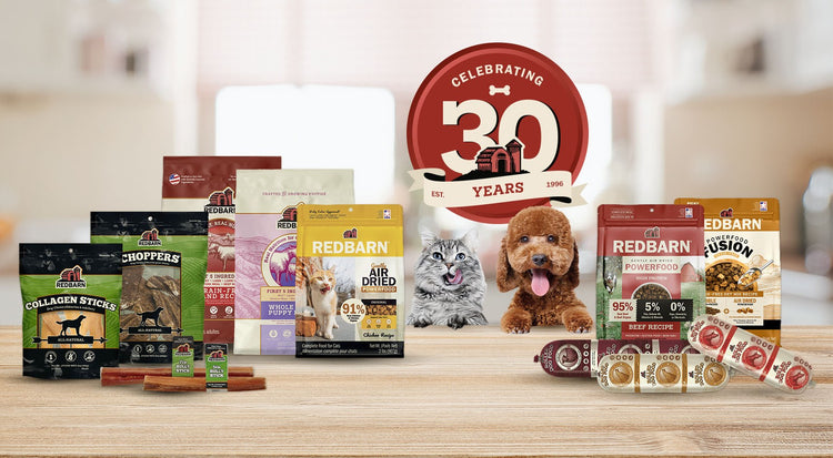Assorted Redbarn pet food packages on a wooden surface with a 'Celebrating 30 Years' sign.