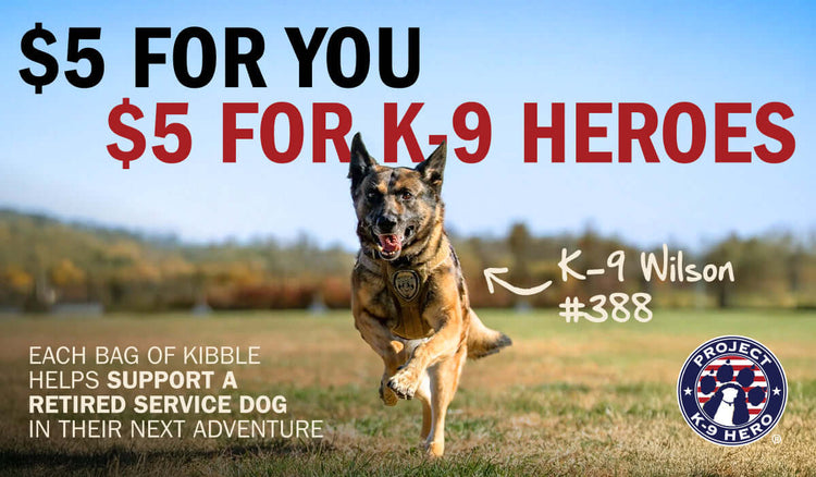 Promotional graphic for Project K-9 Hero featuring a German Shepherd running in an open field under a blue sky. Large text reads '$5 FOR YOU $5 FOR K-9 HEROES,' with smaller text explaining that each bag of Kibble supports a retired service dog in a new adventure.