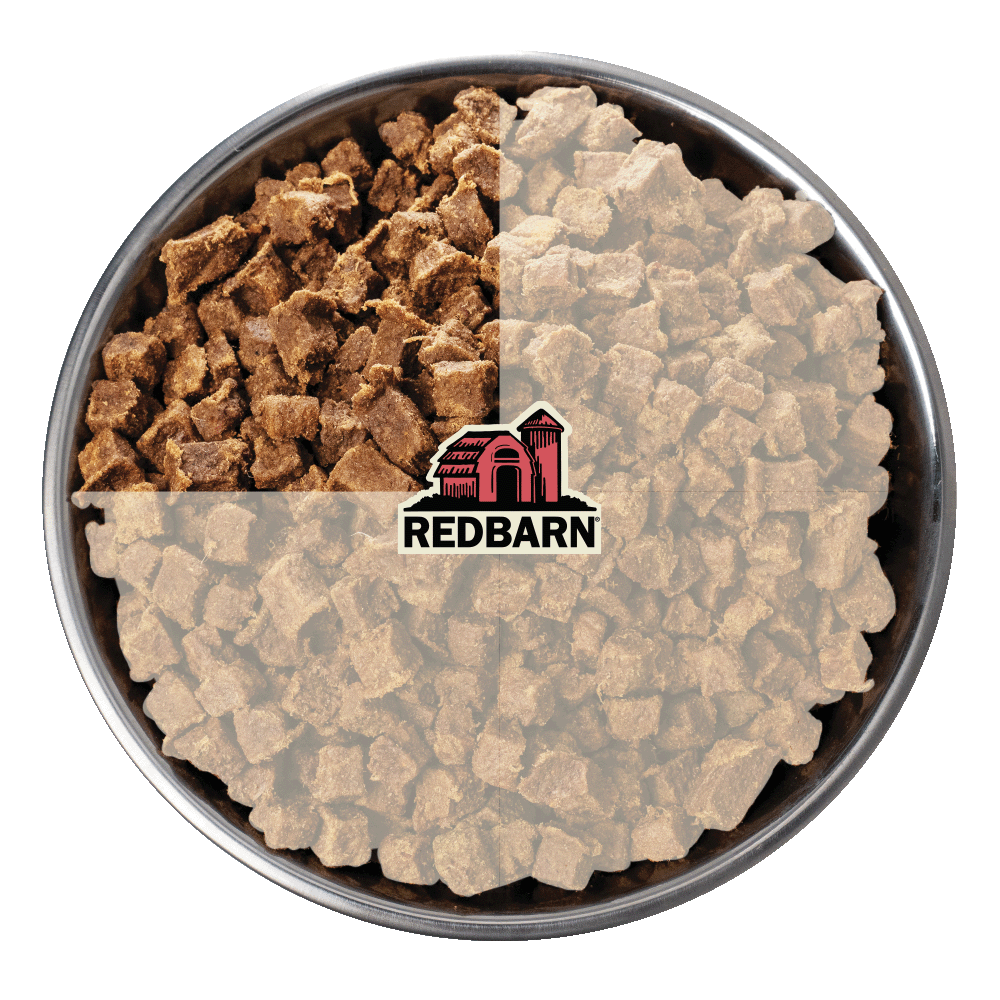 Metal container with cat food, featuring Redbarn logo.