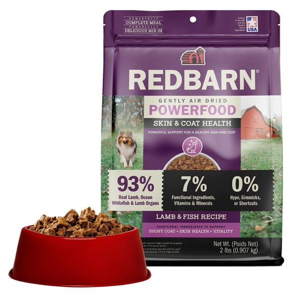 Redbarn Gently Air Dried Powerfood Skin & Coat Health Lamb &  Fish Recipe with a bowl of the Air Dried Food on a white background