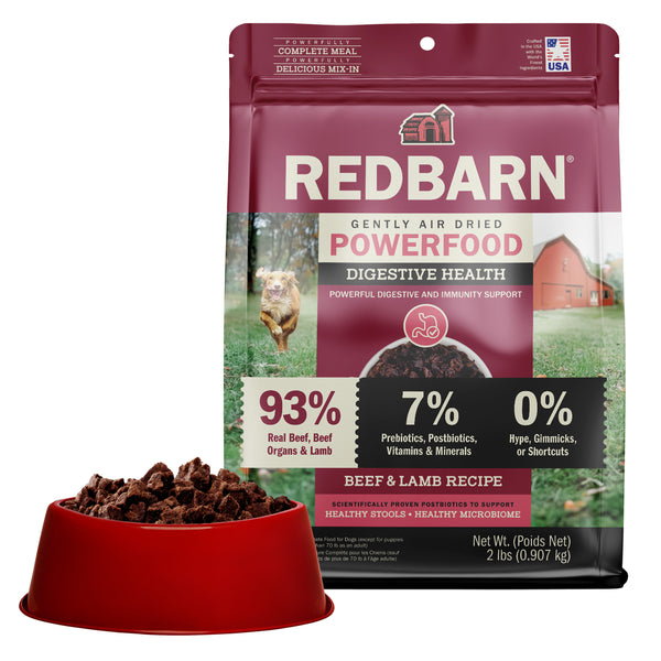 Best Lamb Dog Food. Redbarn Powerfood Digestive Health Beef & Lamb Air Dried dog food package with food in a bowl on a white background