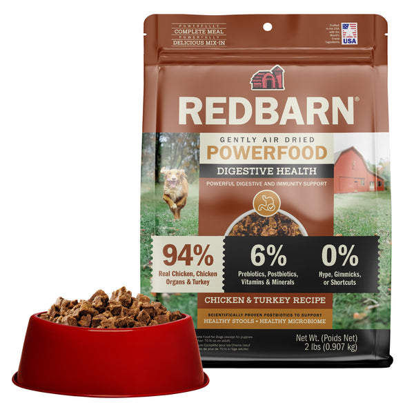 Best Turkey Dog Food. Redbarn Powerfood Digestive Health Chicken & Turkey Air Dried dog food package with food in a bowl on a white background