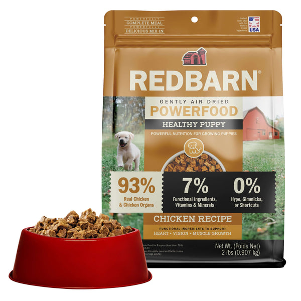 Best Puppy Food. Redbarn Healthy Puppy Powerfood Chicken recipe package with a bowl of dog food on a white background