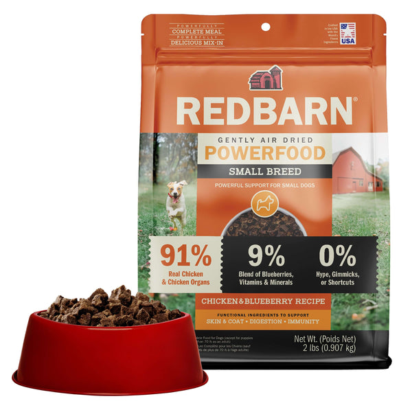 Best Small Breed Food. Redbarn Small Breed dog food package with a bowl of dog food on a white background