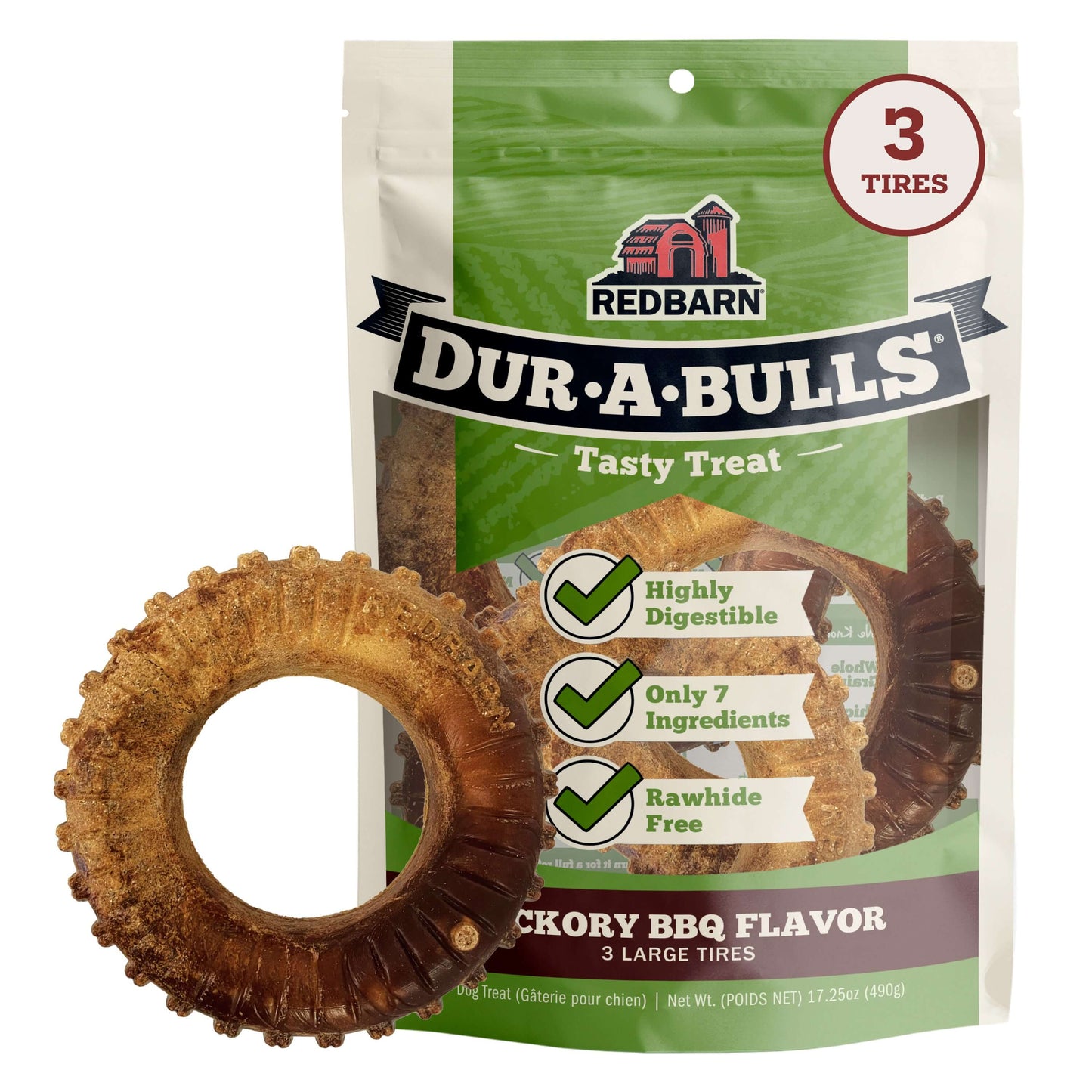 Redbarn Dur-A-Bulls Hickory BBQ flavor dog treat package with a Dur-A-Bull Tire on the side of the pack on a white background