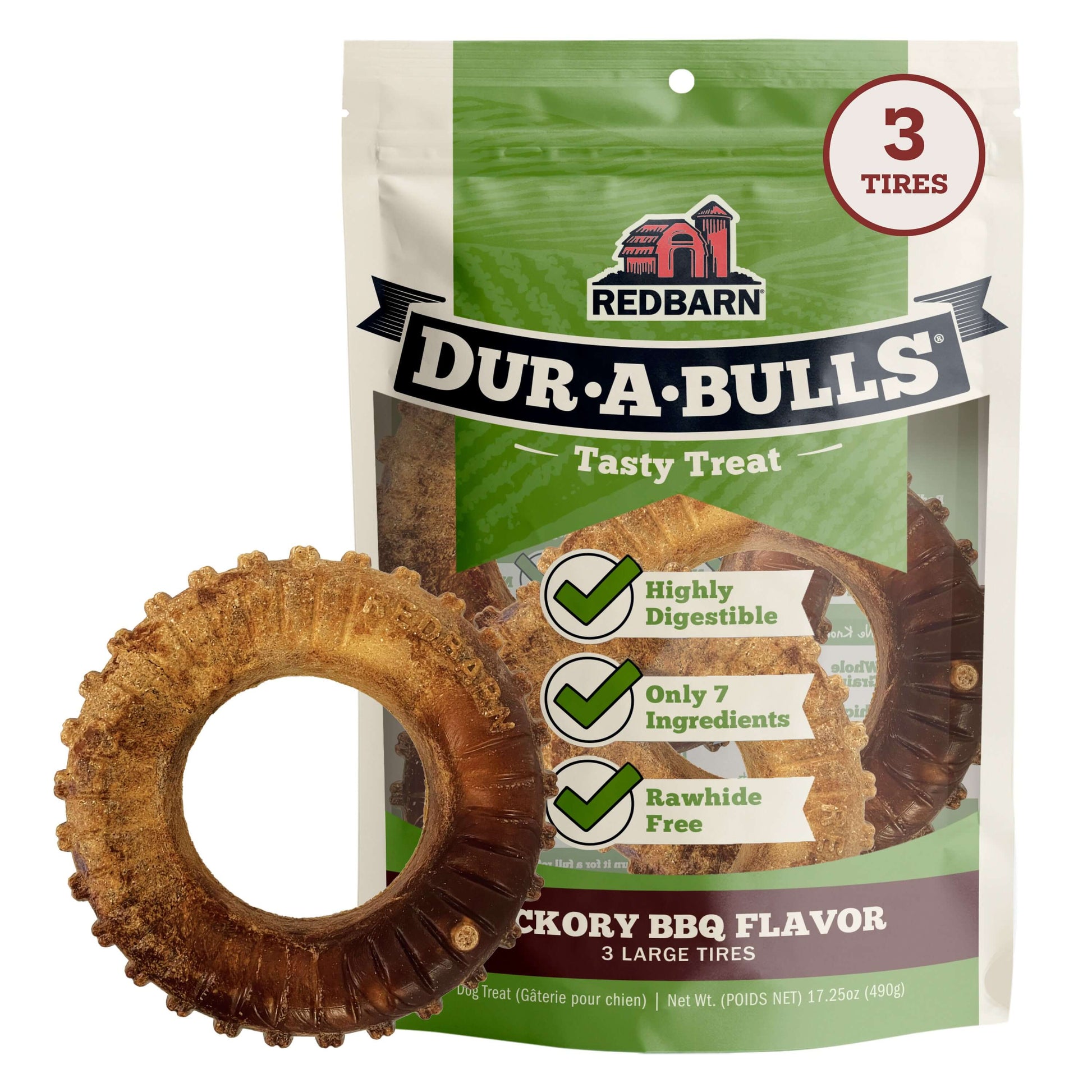 Redbarn Dur-A-Bulls Hickory BBQ flavor dog treat package with a Dur-A-Bull Tire on the side of the pack on a white background