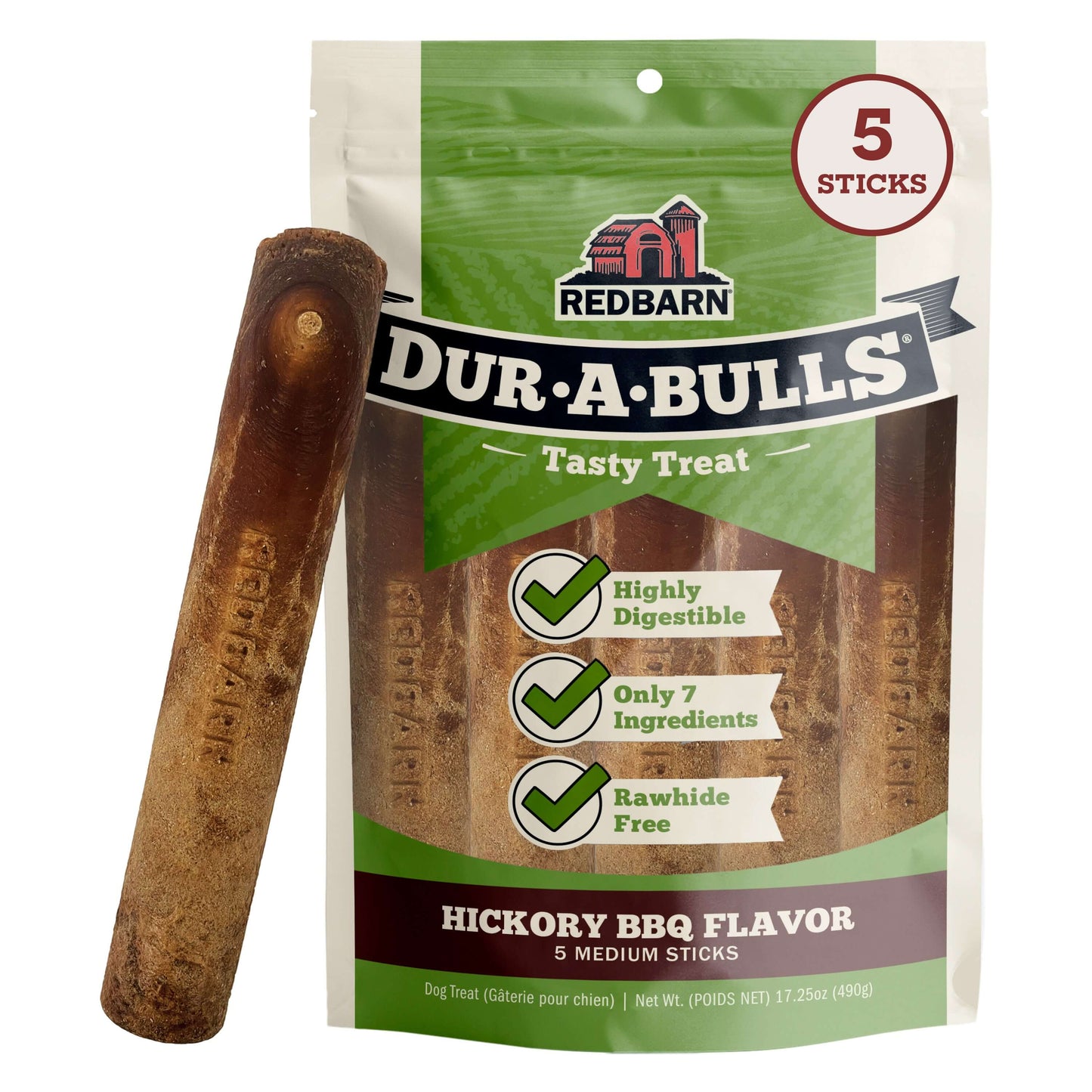 Redbarn Dur-A-Bulls Hickory BBQ flavor dog treat package with a Dur-A-Bull stick on the side of the pack on a white background
