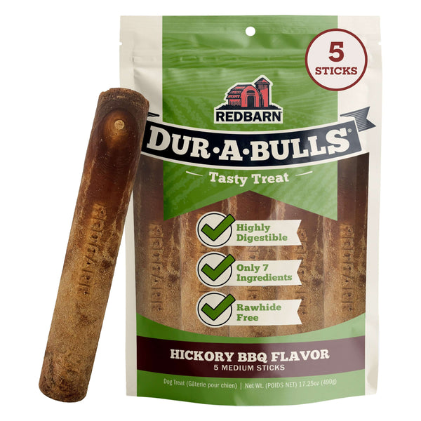 Redbarn Dur-A-Bulls Hickory BBQ flavor dog treat package with a Dur-A-Bull stick on the side of the pack on a white background