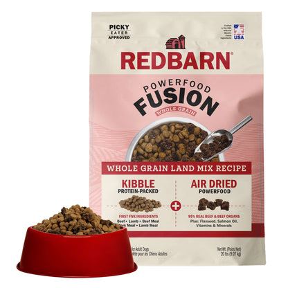Redbarn Powerfood Fusion Whole Grain Land dog food package with a bowl of kibble on a white background