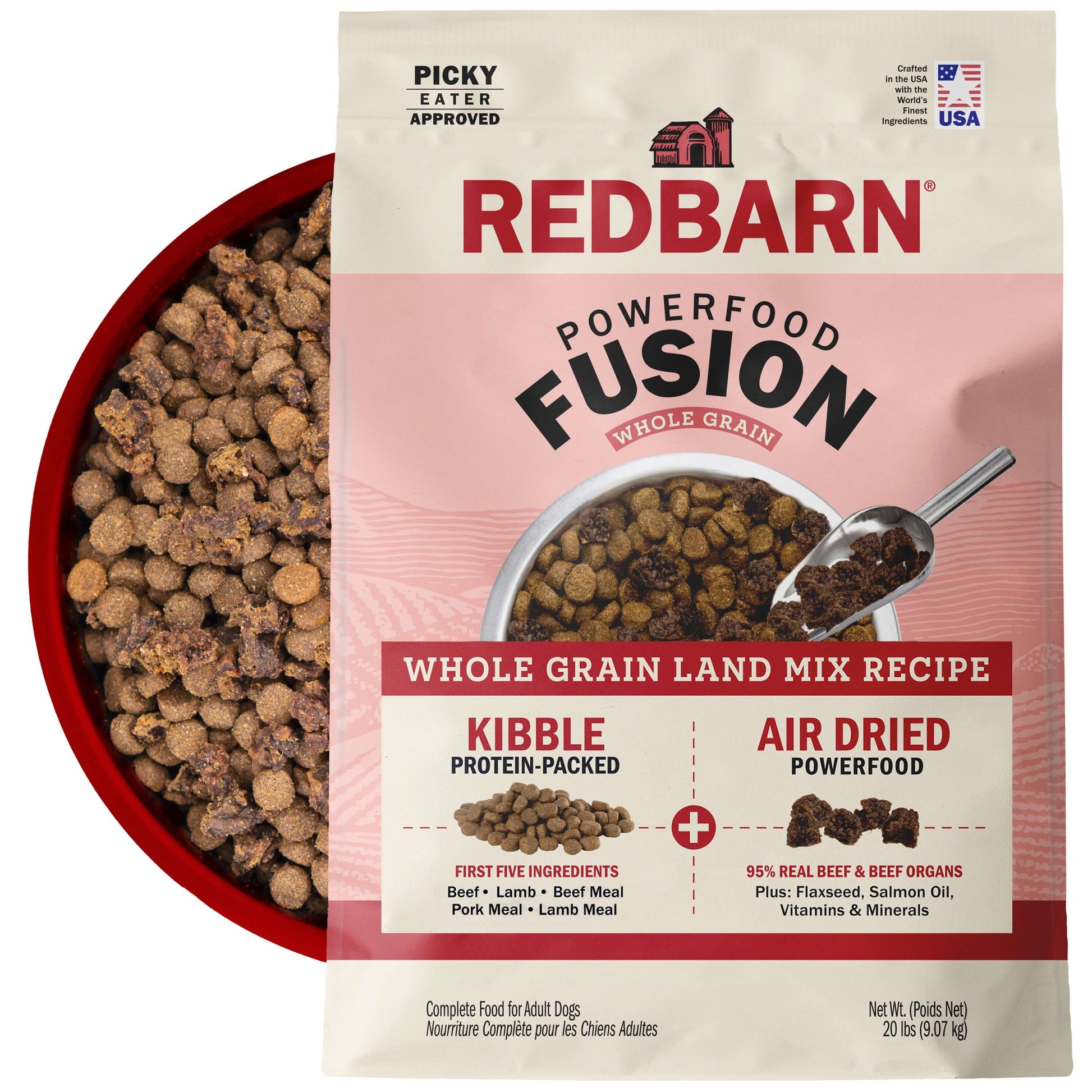 Redbarn Powerfood Fusion Whole Grain Land dog food package with a bowl of kibble in the back on a white background