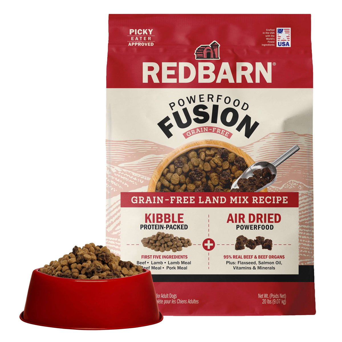 Redbarn Powerfood Fusion Grain-Free Land dog food package with a bowl of kibble on a white background