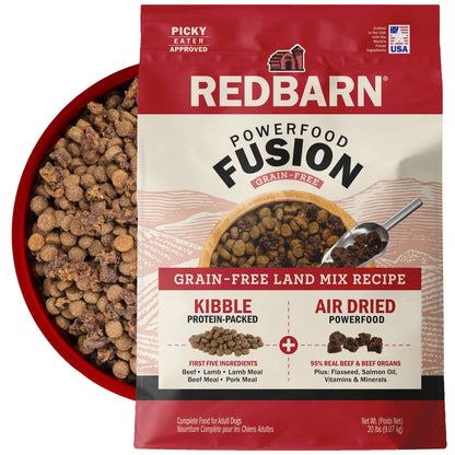 Redbarn Powerfood Fusion Grain-Free Land dog food package with a bowl of kibble in the back on a white background