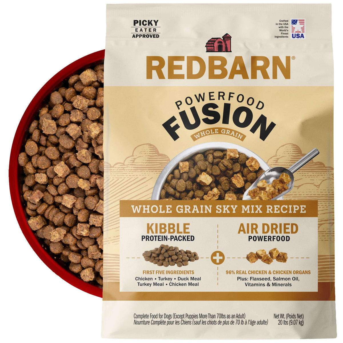 Redbarn Powerfood Fusion Whole Grain Sky dog food package with a bowl of kibble in the back on a white background