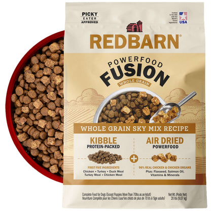 Redbarn Powerfood Fusion Whole Grain Sky dog food package with a bowl of kibble in the back on a white background
