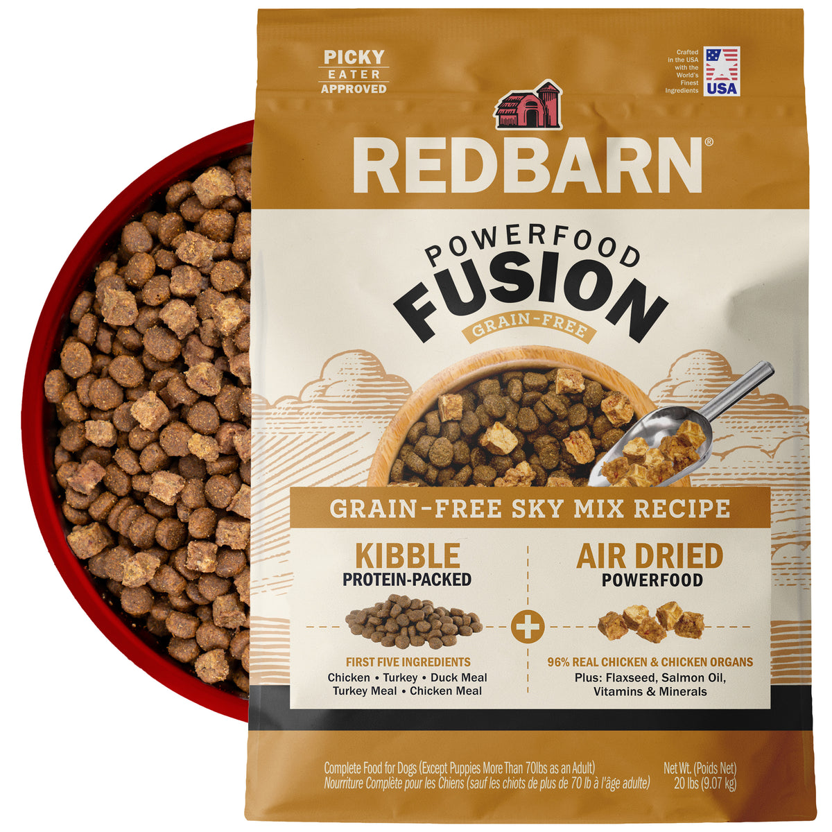 Redbarn Powerfood Fusion grain-free Sky dog food package with a bowl of kibble in the back on a white background