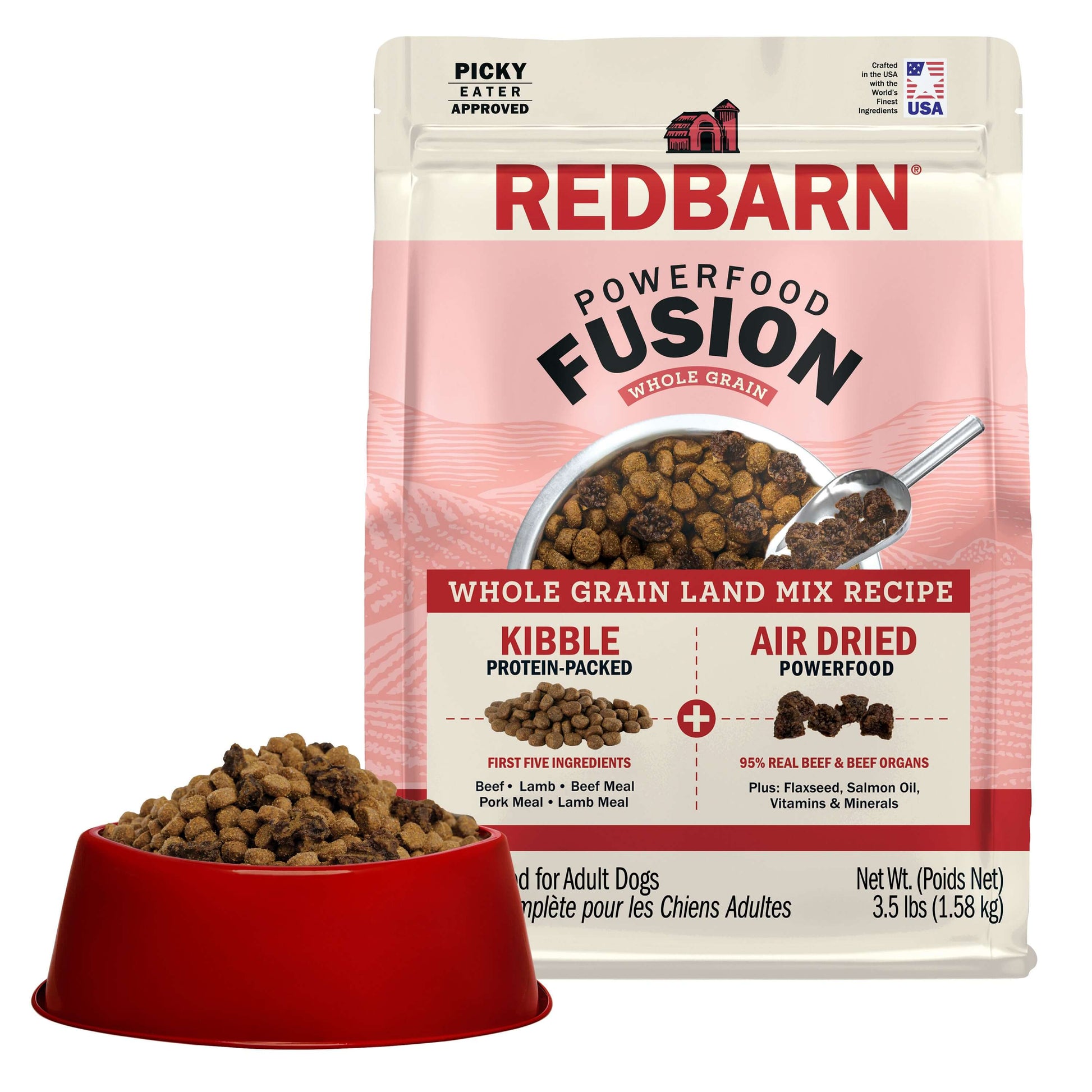 Redbarn Powerfood Fusion Whole Grain Land dog food package with a bowl of kibble on a white background