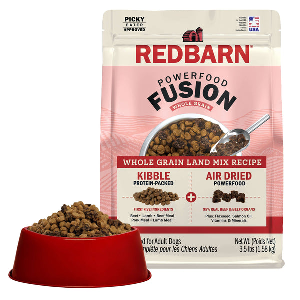 Redbarn Powerfood Fusion Whole Grain Land dog food package with a bowl of kibble on a white background