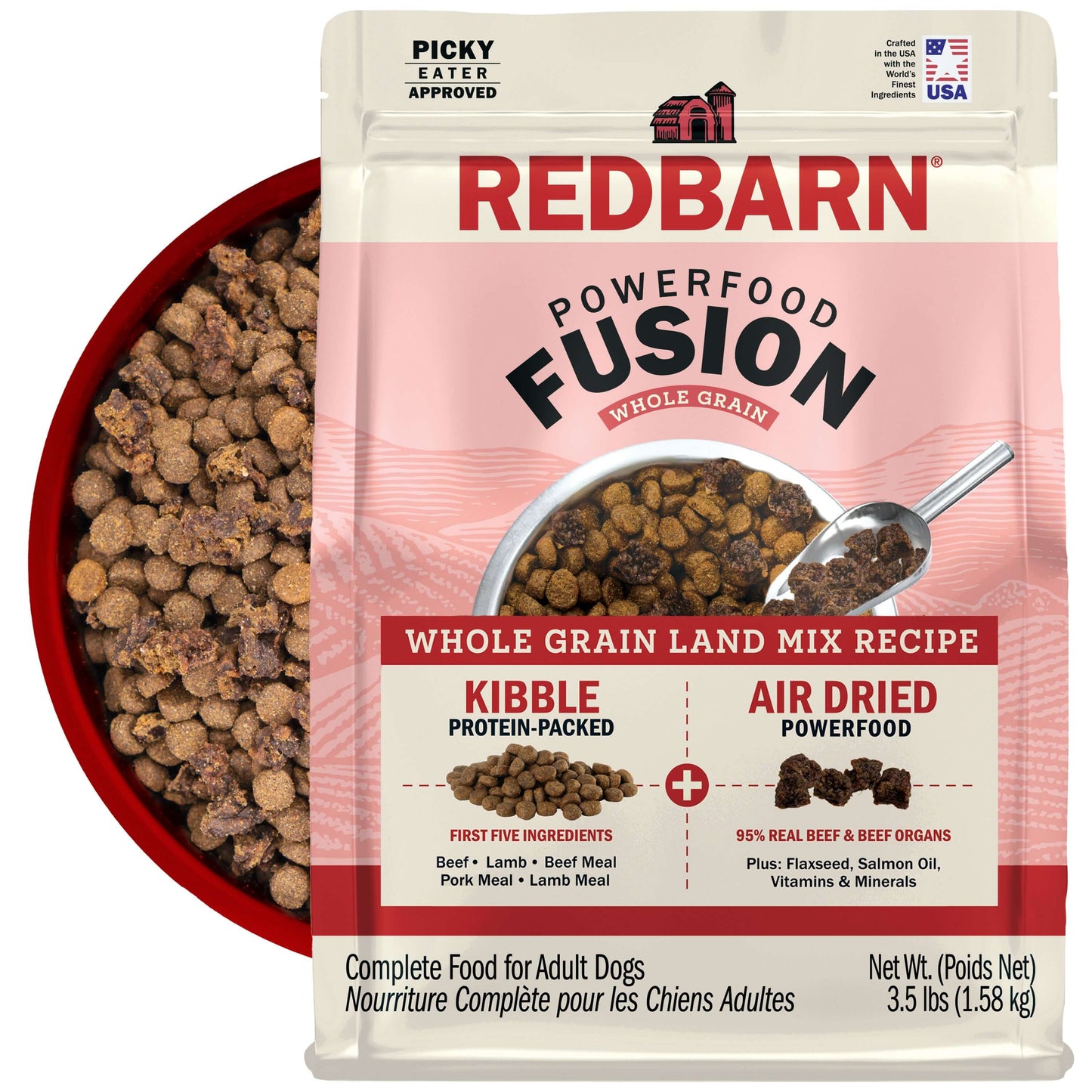 Redbarn Powerfood Fusion Whole Grain Land dog food package with a bowl of kibble in the back on a white background