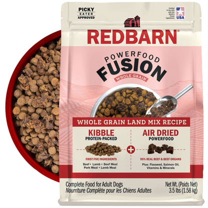 Redbarn Powerfood Fusion Whole Grain Land dog food package with a bowl of kibble in the back on a white background