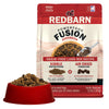 Redbarn Powerfood Fusion Grain-Free Land dog food package with a bowl of kibble on a white background