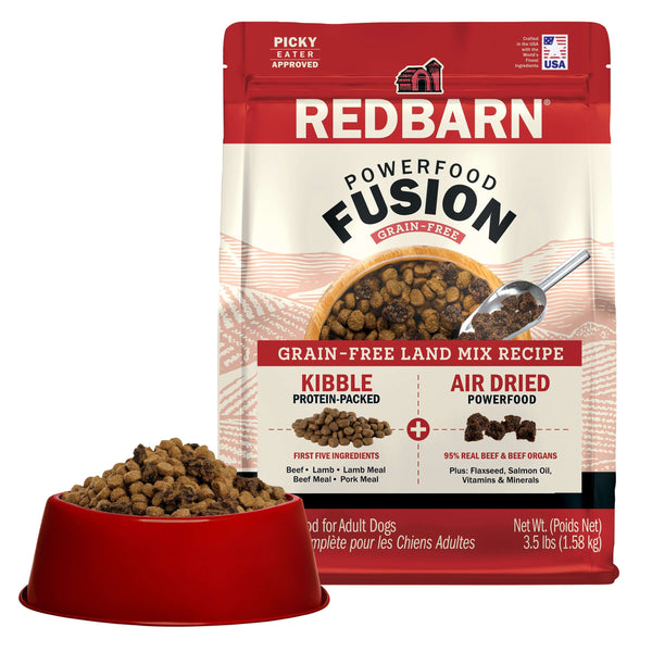 Redbarn Powerfood Fusion Grain-Free Land dog food package with a bowl of kibble on a white background
