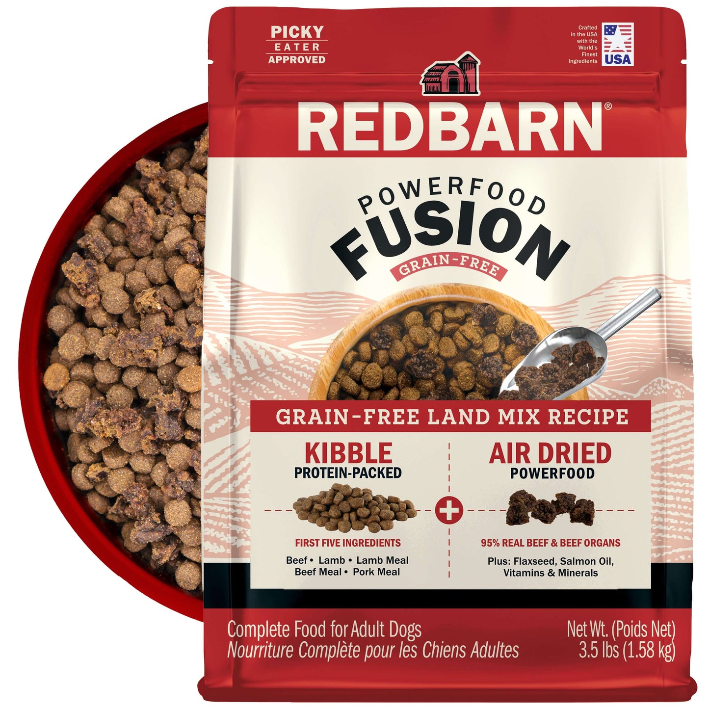 Redbarn Powerfood Fusion Grain-Free Land dog food package with a bowl of kibble in the back on a white background
