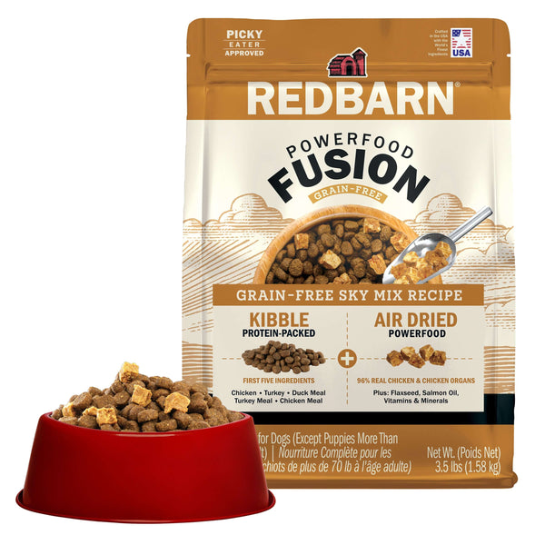 Redbarn Powerfood Fusion grain-free Sky dog food package with a bowl of kibble on a white background
