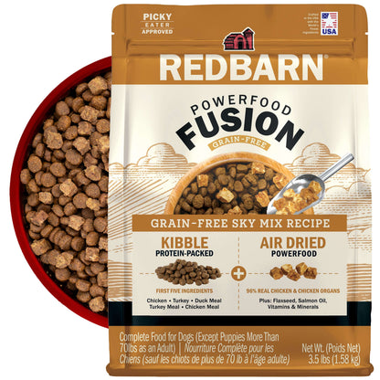 Redbarn Powerfood Fusion grain-free Sky dog food package with a bowl of kibble in the background on a white background