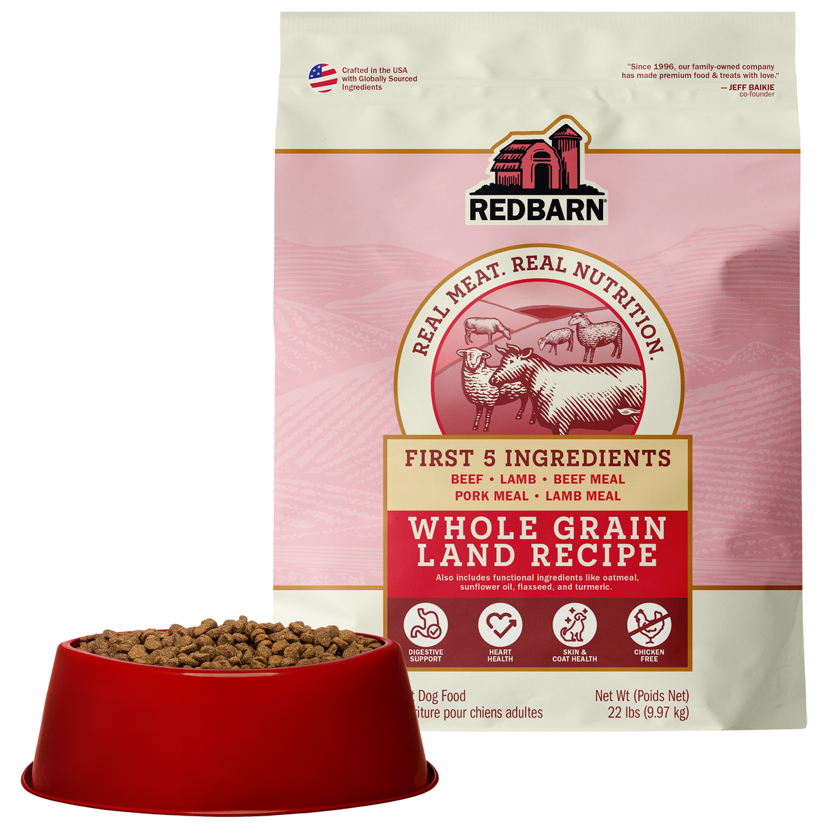 Best Beef Dog Food. Redbarn Whole Grain Land dog food package featuring Beef, Lamb, Beef Meal, Pork Meal, Lamb Meal.