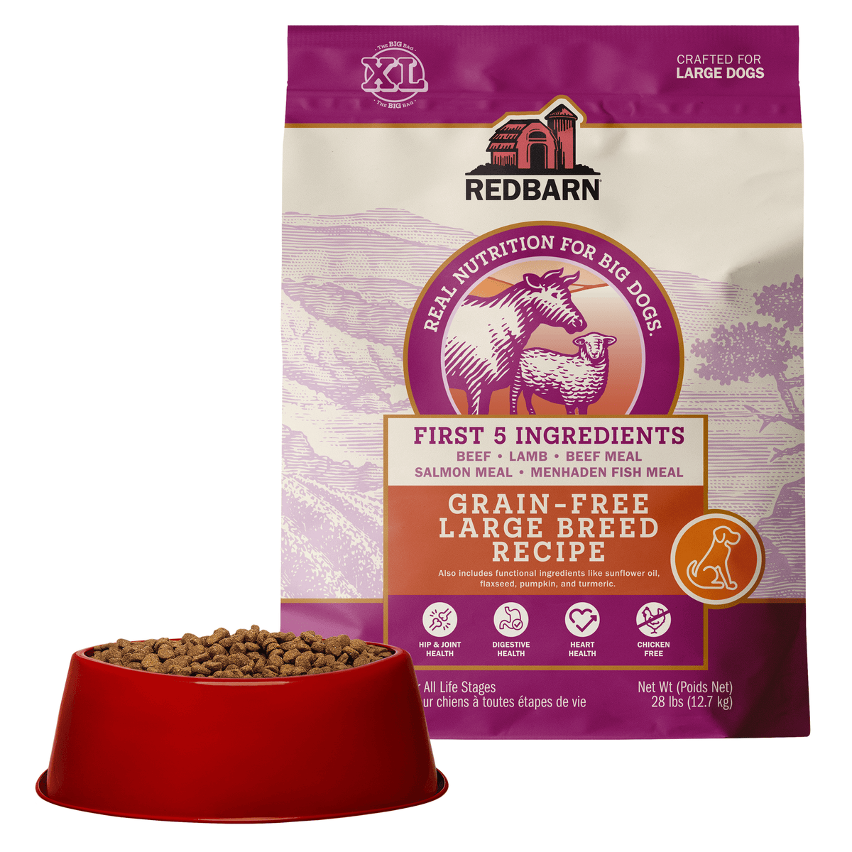 Best Grain Free Large Breed Food. Redbarn Grain-Free Large Breed dog food package with a bowl of dog food on a white background