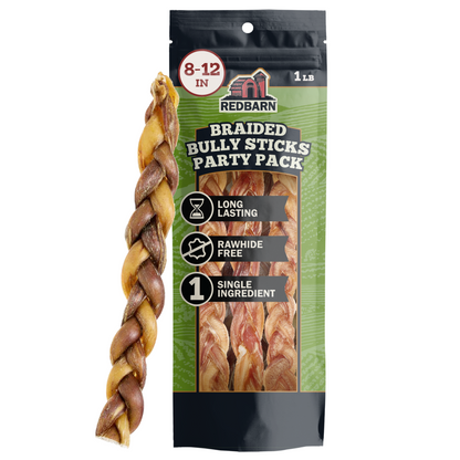 Redbarn Braided Bully Sticks Party Pack packaging with a bully stick on a white background