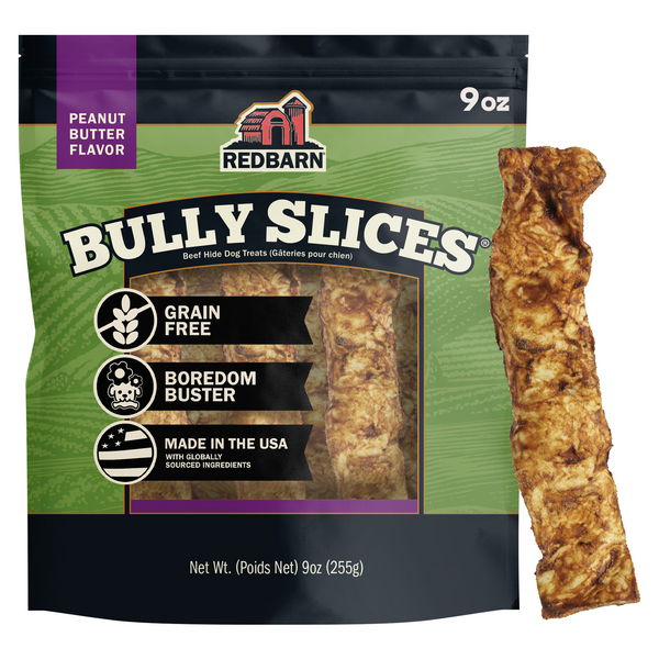 Best Peanut Butter Hide Treats. Redbarn Bully Slices dog treat package with a treat sticking out on a white background