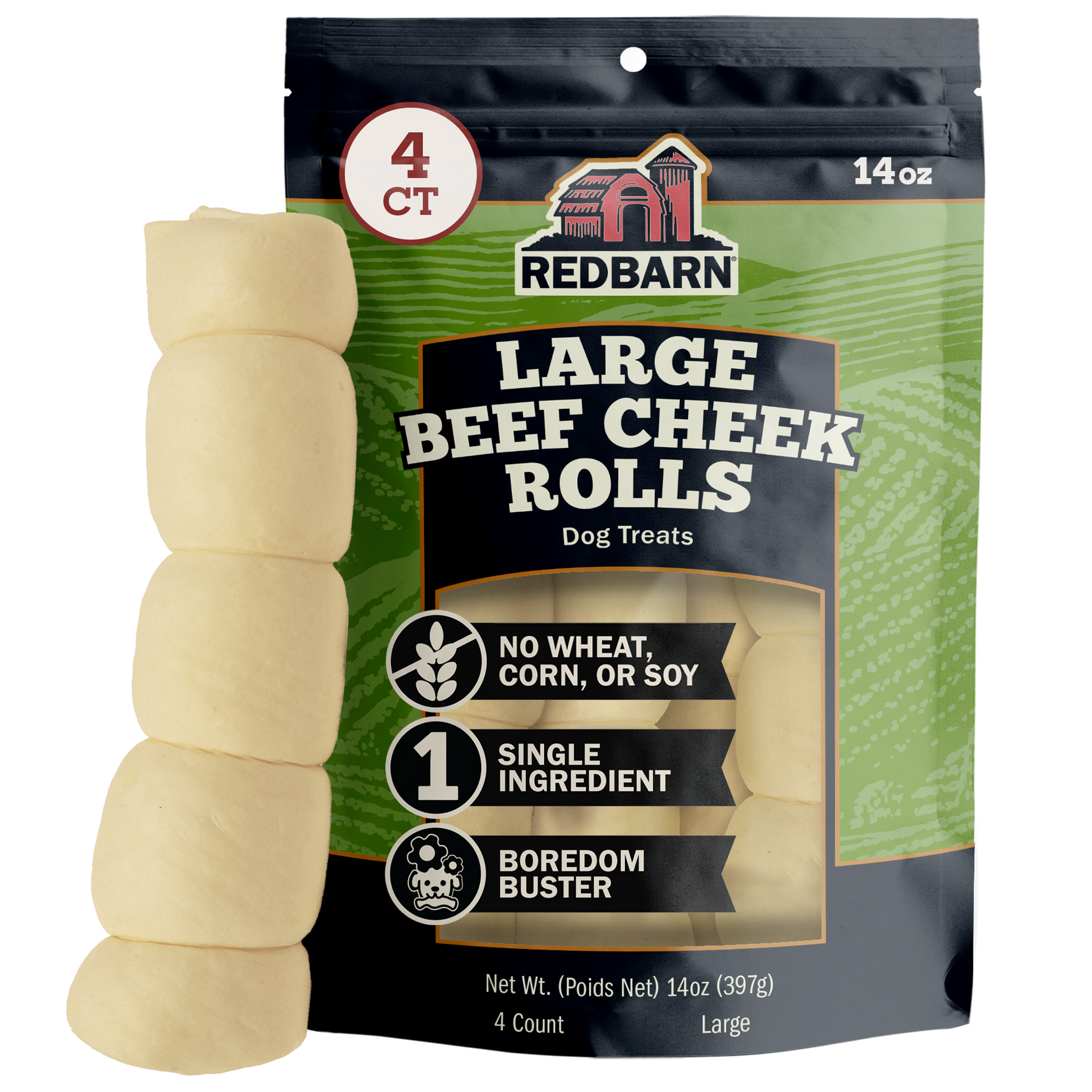 Best Rawhide Free Treats. Redbarn Large Beef Cheek Rolls dog treats with packaging on a white background