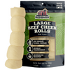 Redbarn package of beef cheek rolls with text stating no wheat, corn, or soy, single ingredient, boredom buster