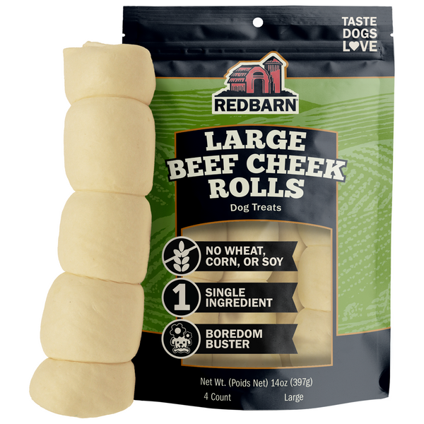 Redbarn package of beef cheek rolls with text stating no wheat, corn, or soy, single ingredient, boredom buster