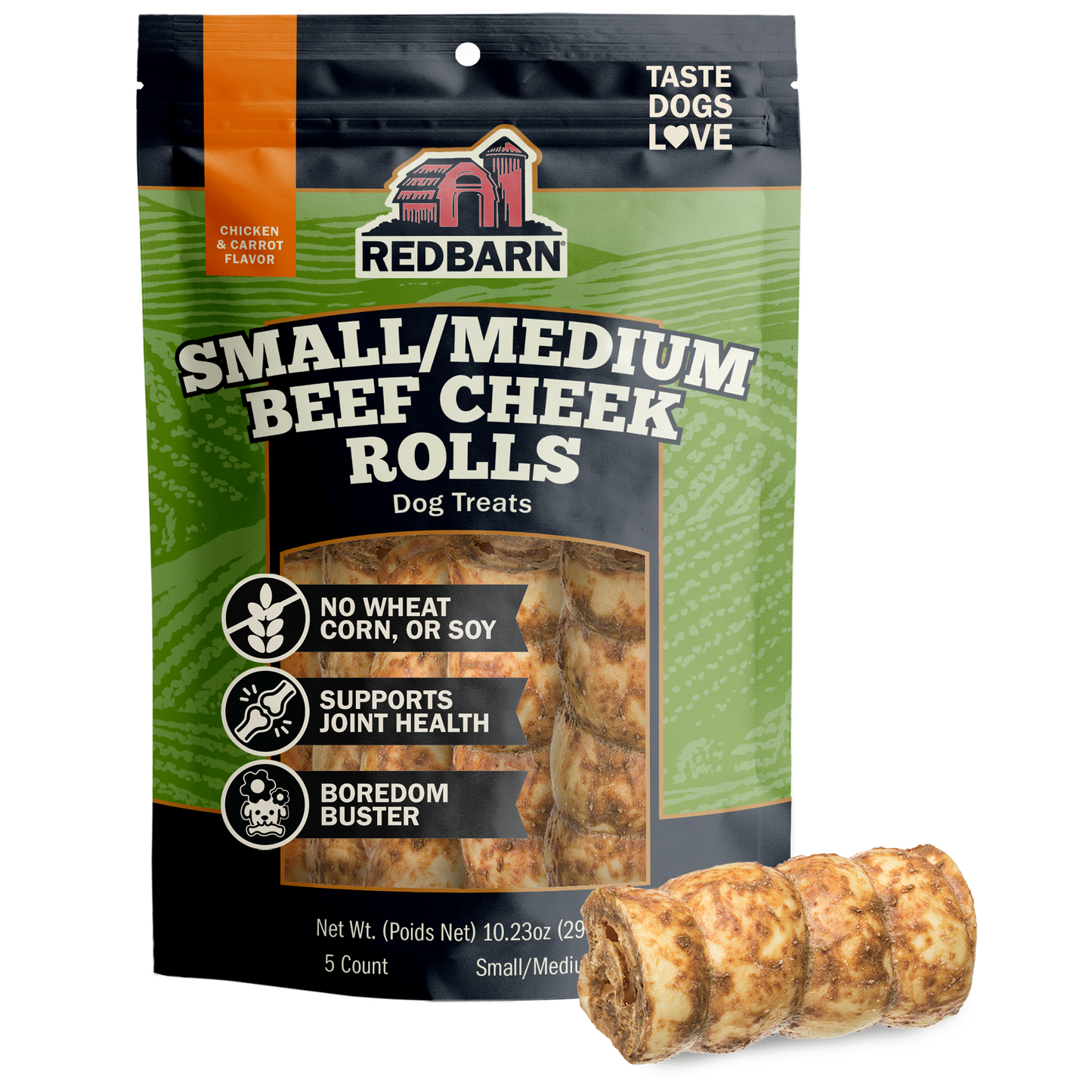 Redbarn packaging with Beef Cheek Rolls. Text states no wheat, corn, or soy, supports joint health and a boredom buster