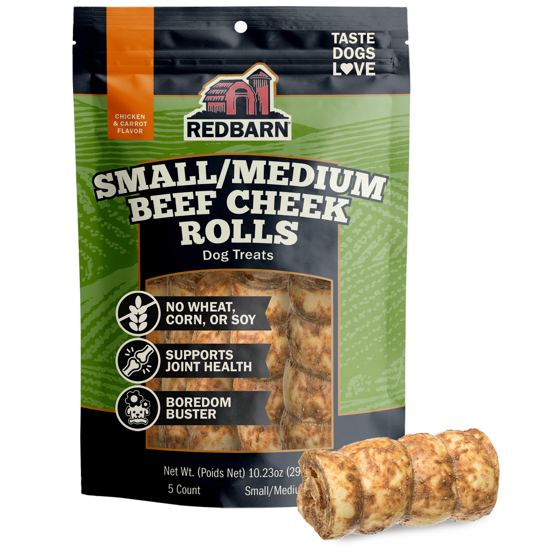 Redbarn package of beef cheek rolls with text stating no wheat, corn, or soy, single ingredient, boredom buster
