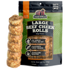 Redbarn package of beef cheek rolls with text stating no wheat, corn, or soy, single ingredient, boredom buster