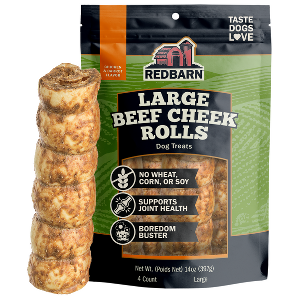 Redbarn package of beef cheek rolls with text stating no wheat, corn, or soy, single ingredient, boredom buster