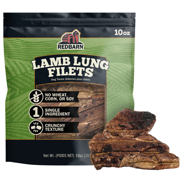 Best Lamb Treats. Redbarn Lamb Lung Filets dog treat package with treats displayed in front