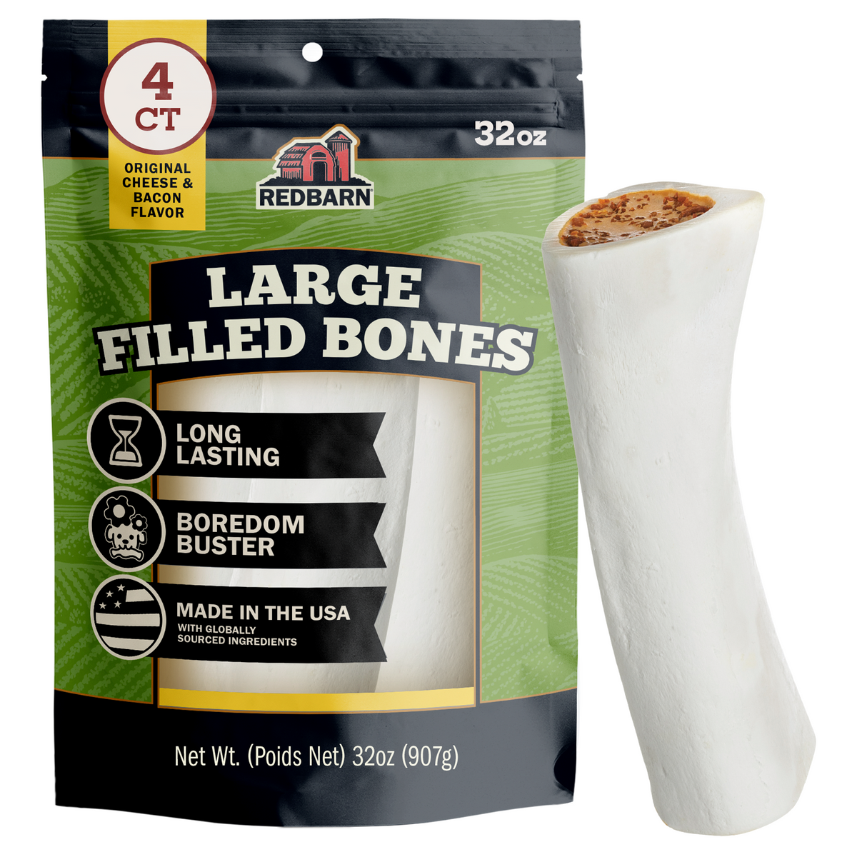 Best Large Dogs Treats. Redbarn Large Filled Bones Original Cheese & Bacon Flavor packaging with a single bone on a white background.