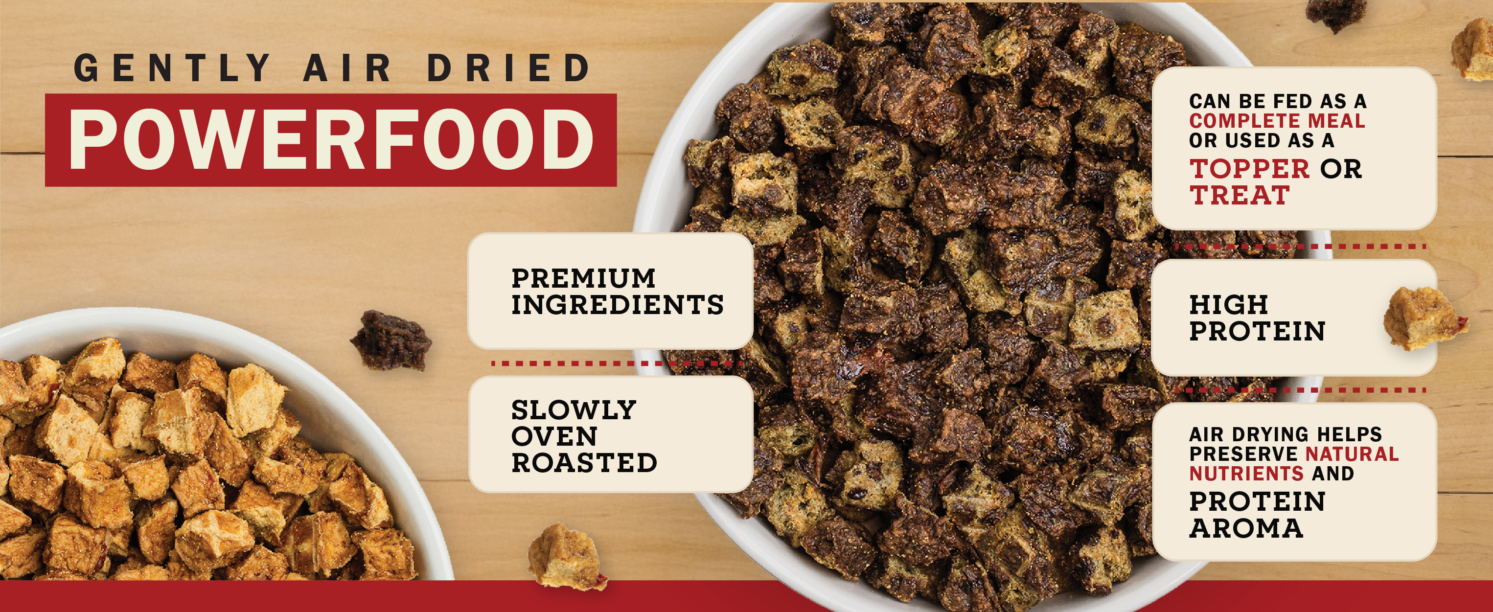 Air dried powerfood in a bowl with text highlighting features on a wooden background