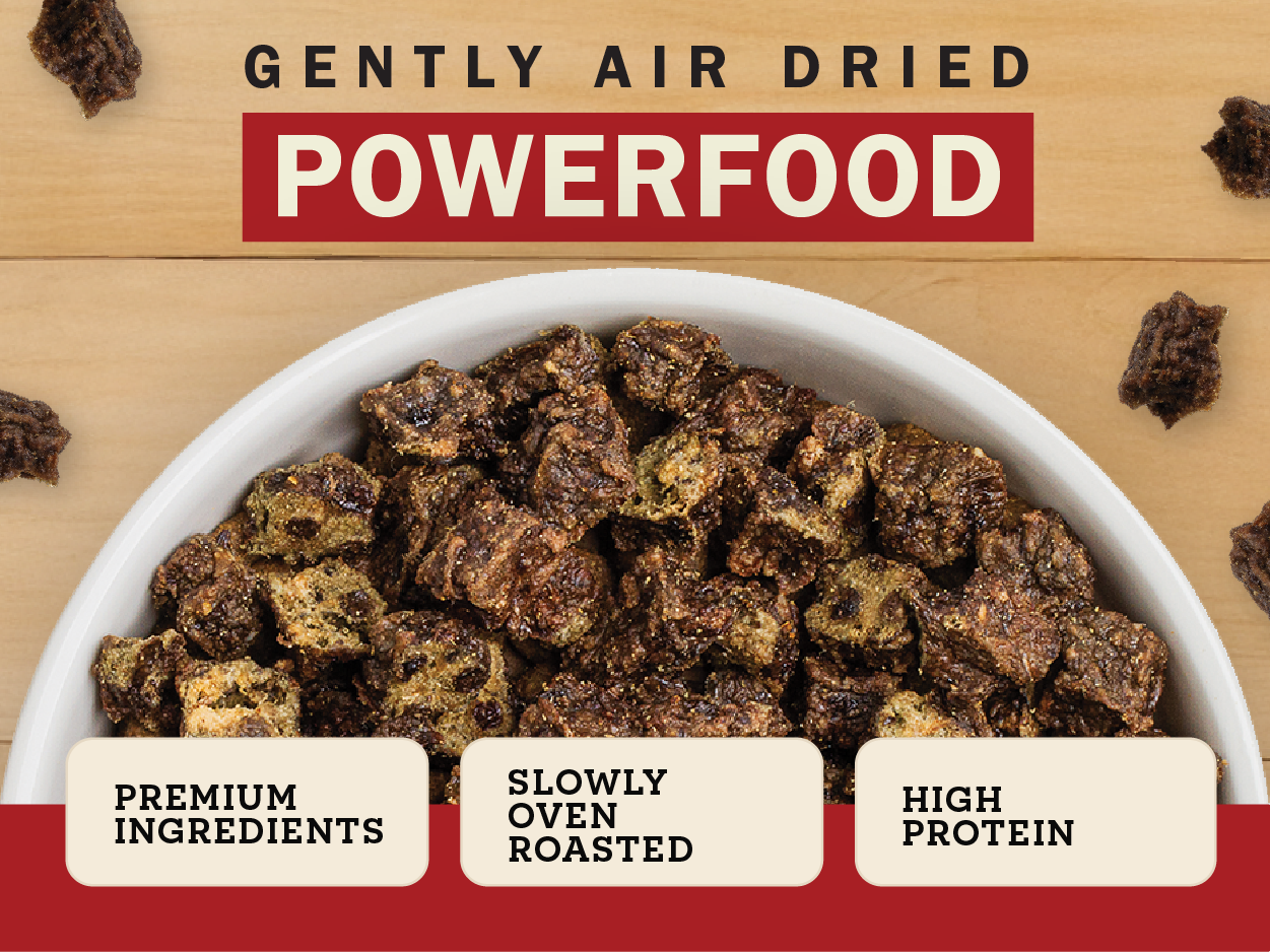 A bowl of gently air-dried powerfood on a light wood background with text overlays highlighting premium ingredients, slow oven roasting, and high protein content.