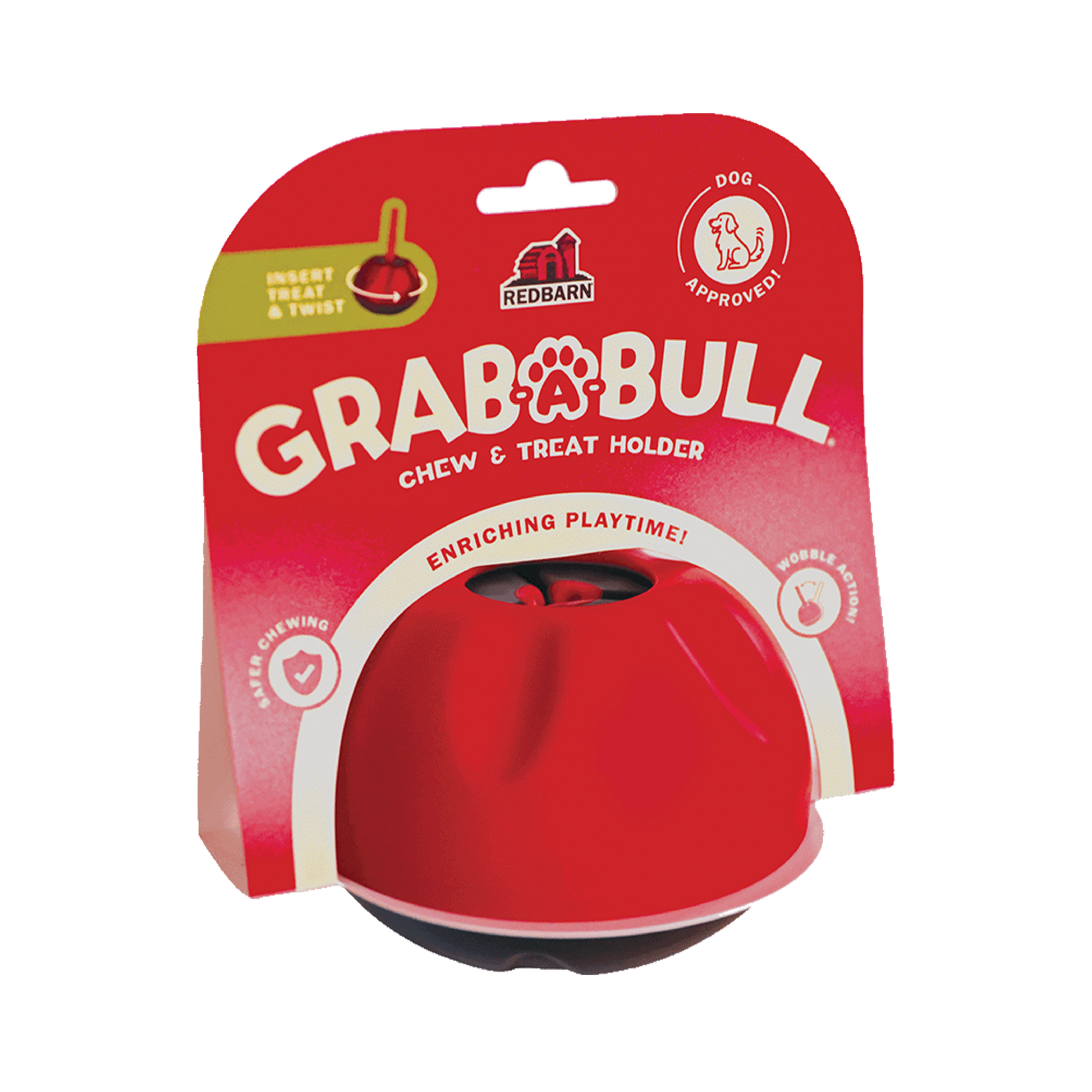 Redbarn Grab-A-Bull chew and treat holder with Redbarn packaging on a white background