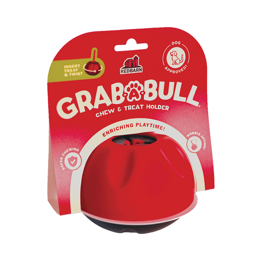 Redbarn Grab-A-Bull chew and treat holder with Redbarn packaging on a white background
