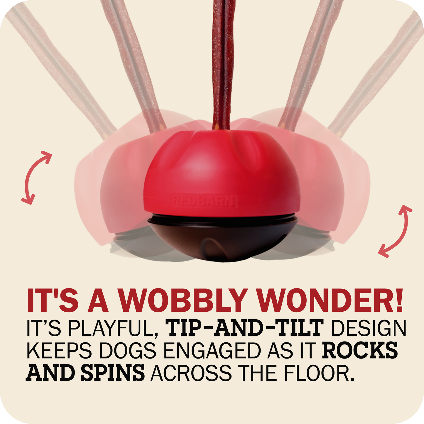 Redbarn Chew-A-Bulls dog chew hoider text describing its features on a beige background