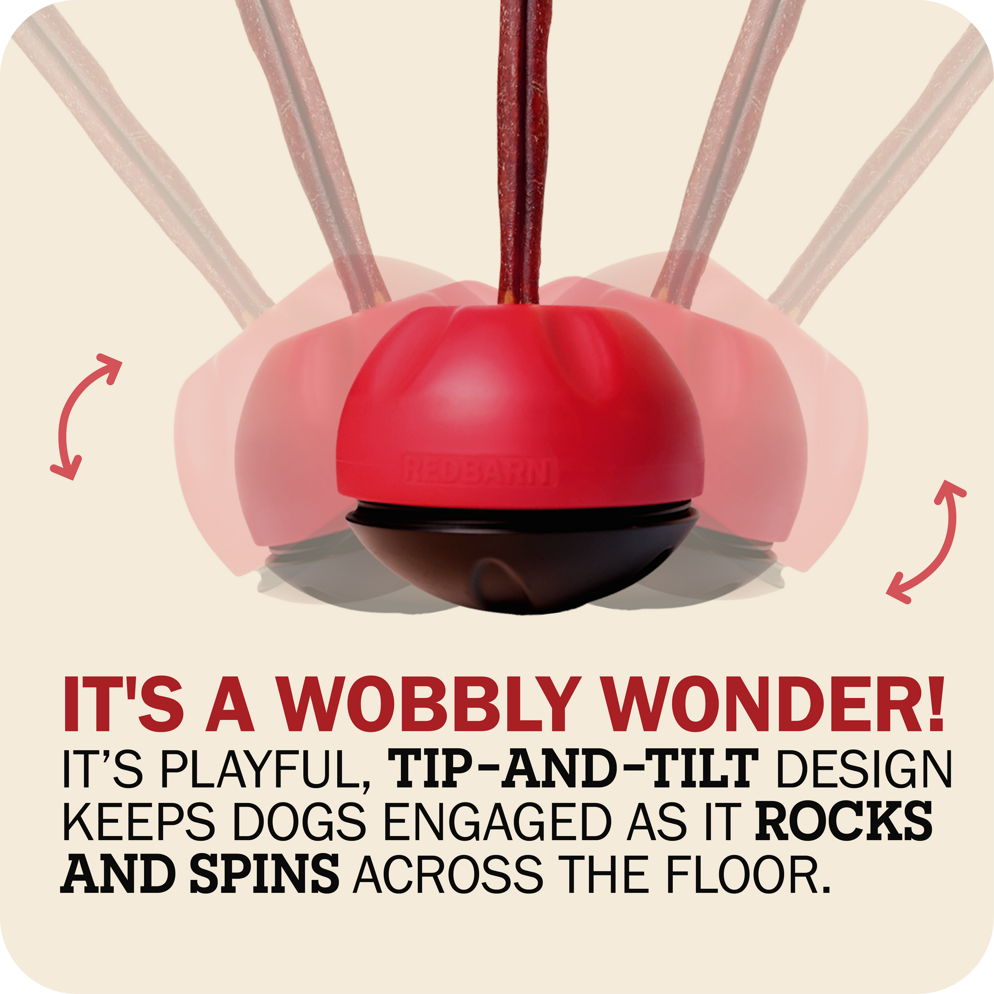 Redbarn Chew-A-Bulls dog chew hoider text describing its features on a beige background