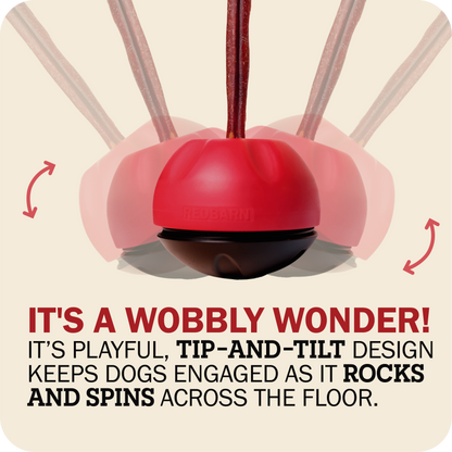 Redbarn Chew-A-Bulls dog chew hoider text describing its features on a beige background